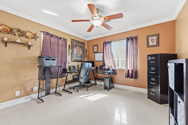 tiled home office featuring ceiling fan and crown molding