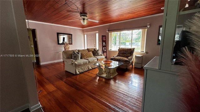 living room featuring ceiling fan, wooden ceiling, dark wood-type flooring, and ornamental molding