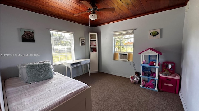 carpeted bedroom featuring multiple windows, ceiling fan, cooling unit, and wood ceiling