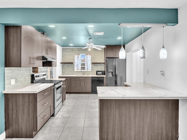 kitchen with kitchen peninsula, appliances with stainless steel finishes, backsplash, sink, and decorative light fixtures