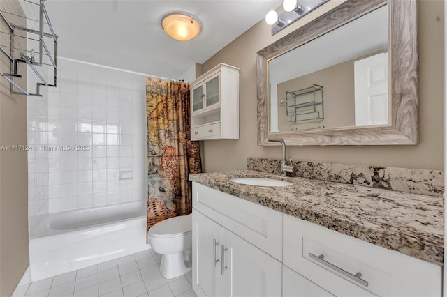 bathroom with shower / tub combo, vanity, toilet, and tile patterned floors