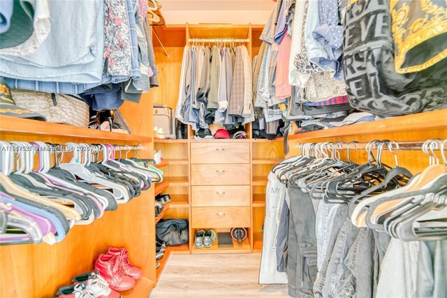 walk in closet with wood-type flooring