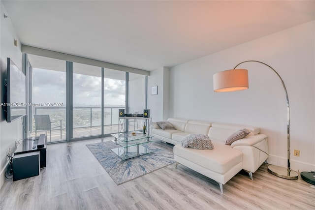 living room featuring light hardwood / wood-style floors and a wall of windows