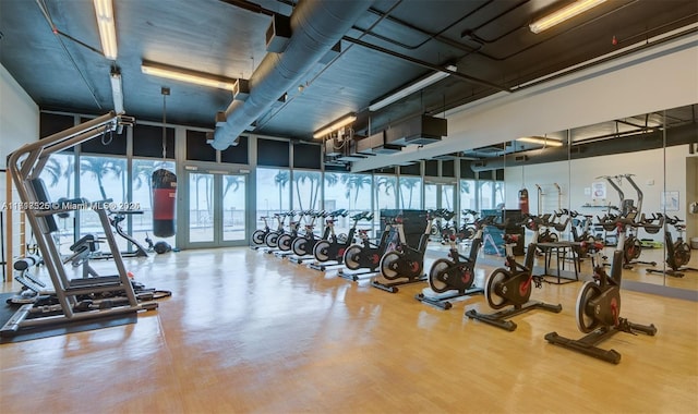 gym with expansive windows and wood-type flooring