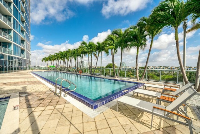 view of swimming pool featuring a patio area