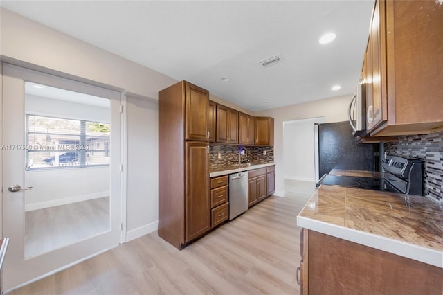 kitchen featuring light wood-type flooring, backsplash, and stainless steel appliances