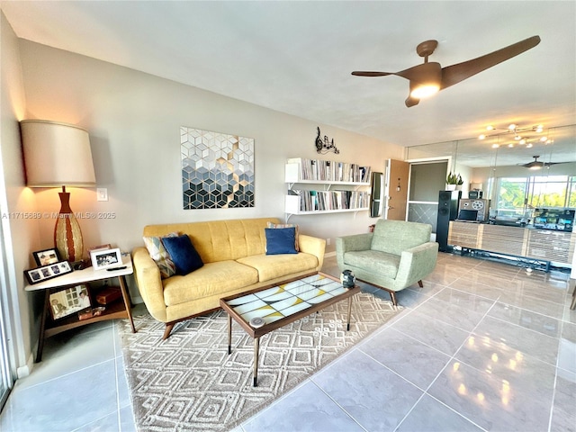 tiled living room featuring ceiling fan