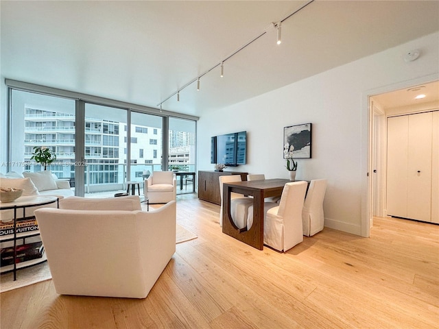 living room featuring floor to ceiling windows, rail lighting, and light hardwood / wood-style flooring