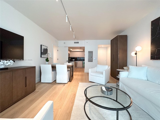 living room featuring rail lighting, electric panel, and light wood-type flooring