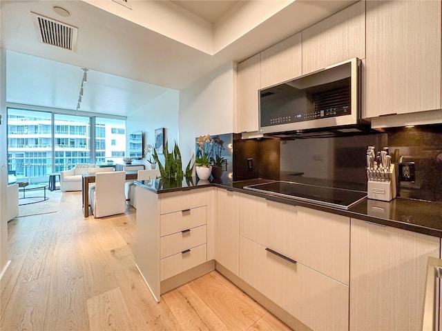 kitchen featuring light hardwood / wood-style flooring, rail lighting, floor to ceiling windows, black electric stovetop, and decorative backsplash