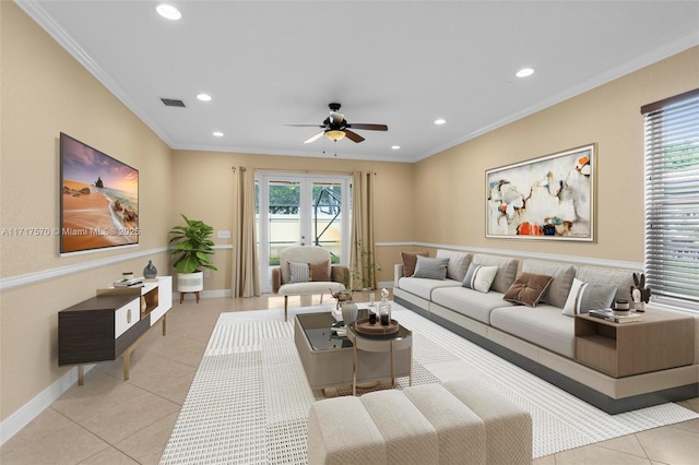 tiled living room with crown molding and ceiling fan