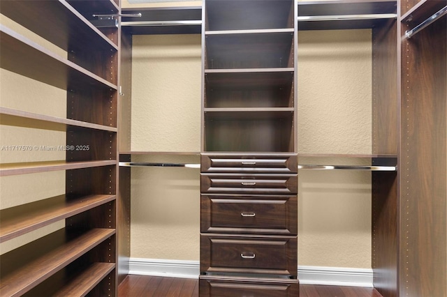 walk in closet with dark hardwood / wood-style flooring