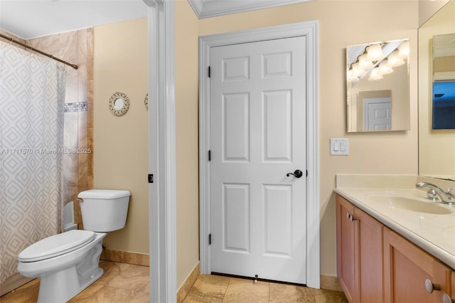 bathroom with a shower with shower curtain, vanity, crown molding, tile patterned flooring, and toilet