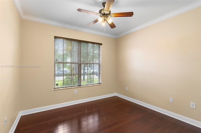 empty room featuring crown molding, ceiling fan, and hardwood / wood-style flooring