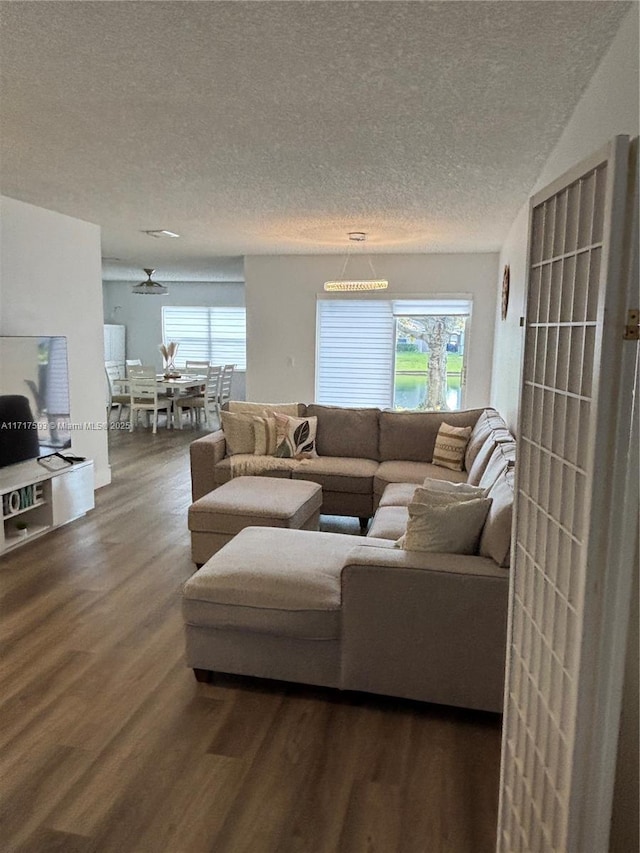 living room with hardwood / wood-style floors, a textured ceiling, and ceiling fan