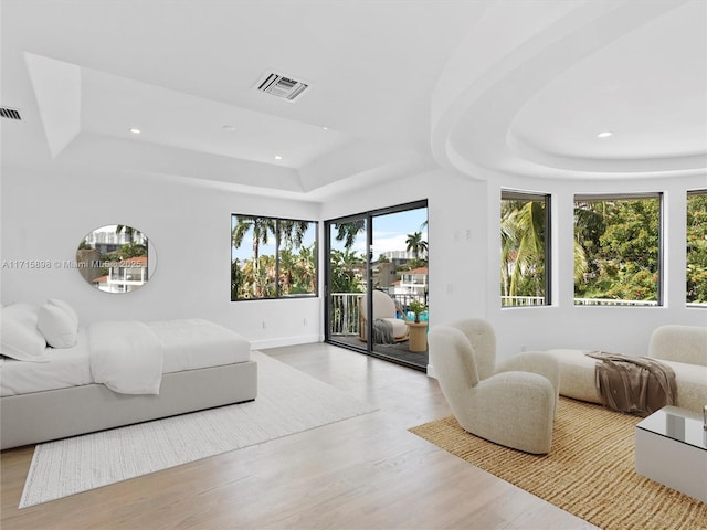 bedroom featuring access to exterior, a tray ceiling, and light hardwood / wood-style floors