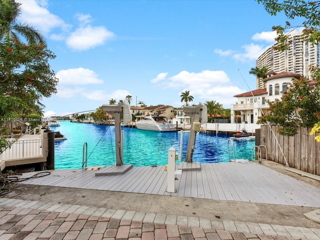 view of pool with a water view and a dock