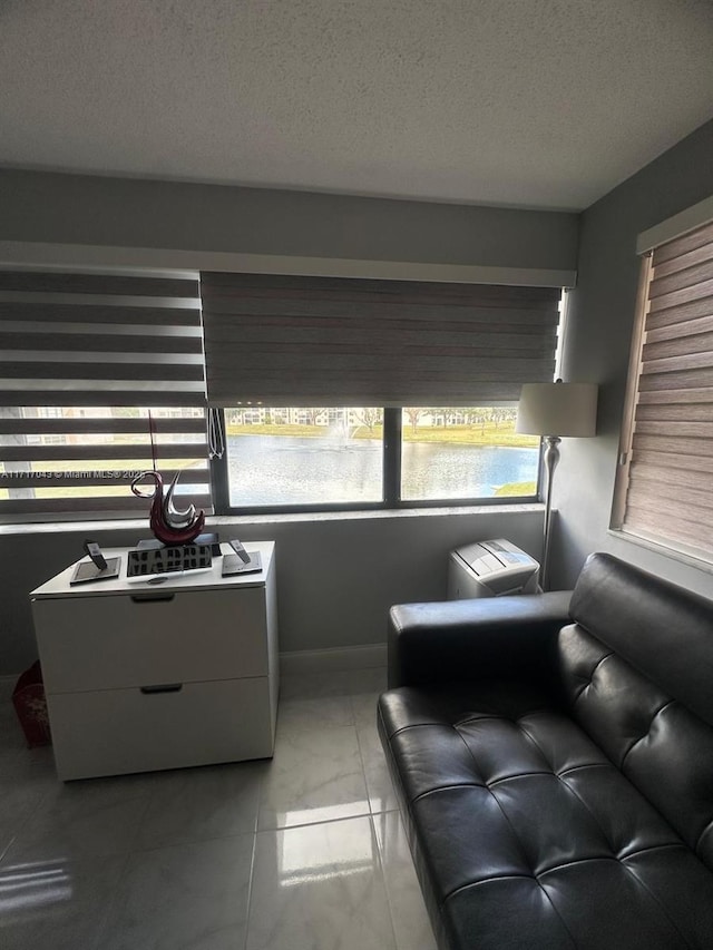 living room featuring a wealth of natural light and a textured ceiling