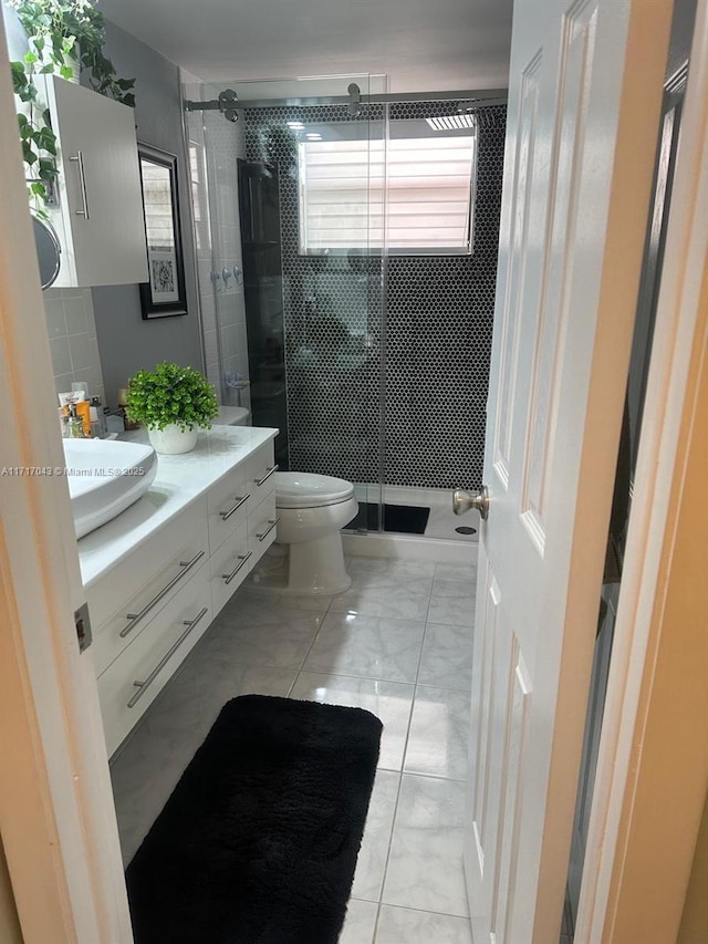 bathroom with vanity, a shower with shower door, and toilet