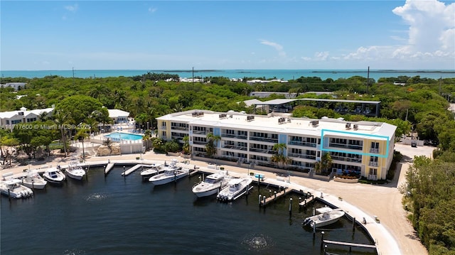 drone / aerial view featuring a water view