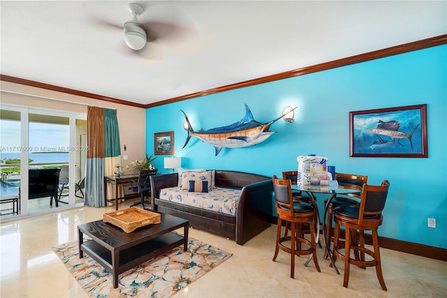 living room featuring crown molding and ceiling fan