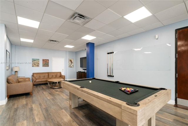 game room with a paneled ceiling, hardwood / wood-style floors, and billiards