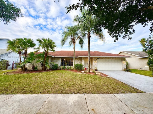 ranch-style home with a garage and a front lawn