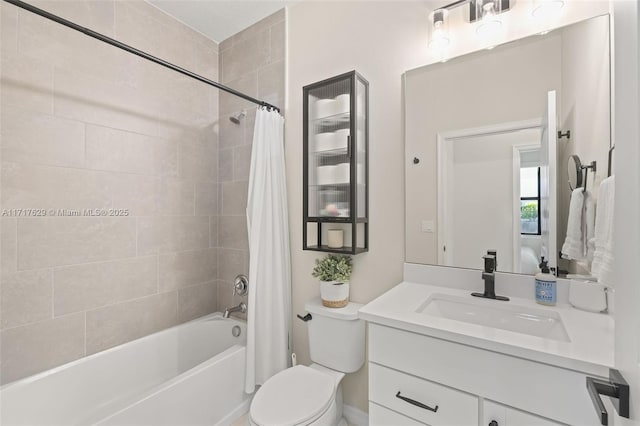 full bathroom with shower / bath combo, vanity, and toilet