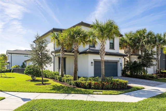 view of front of house with a front yard and a garage