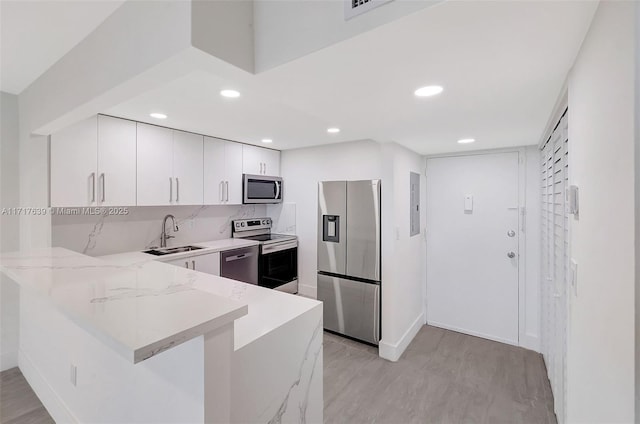 kitchen featuring kitchen peninsula, stainless steel appliances, sink, white cabinets, and electric panel