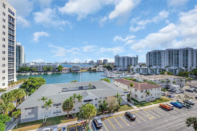 aerial view featuring a water view