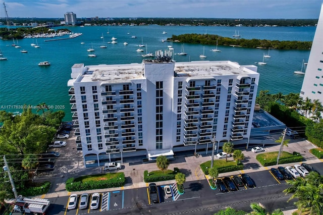 aerial view featuring a water view