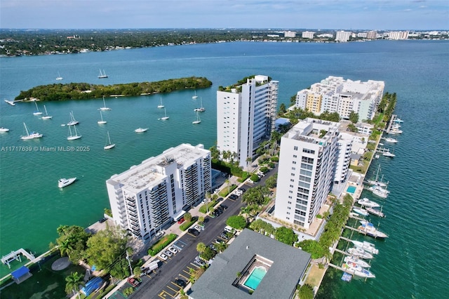 bird's eye view with a water view