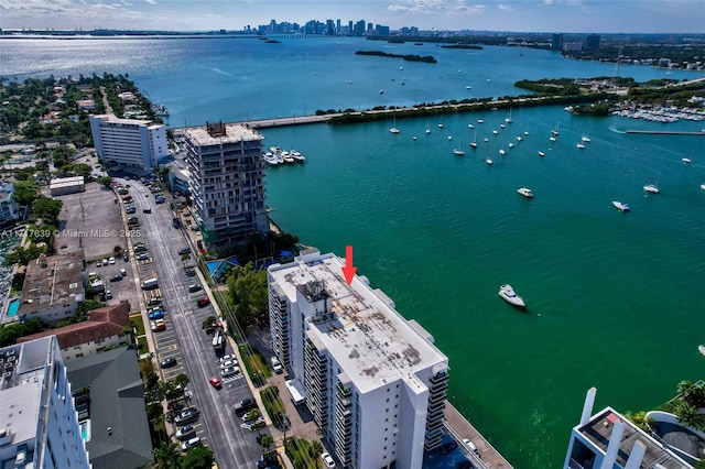 aerial view featuring a water view