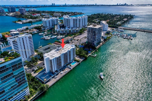 aerial view featuring a water view