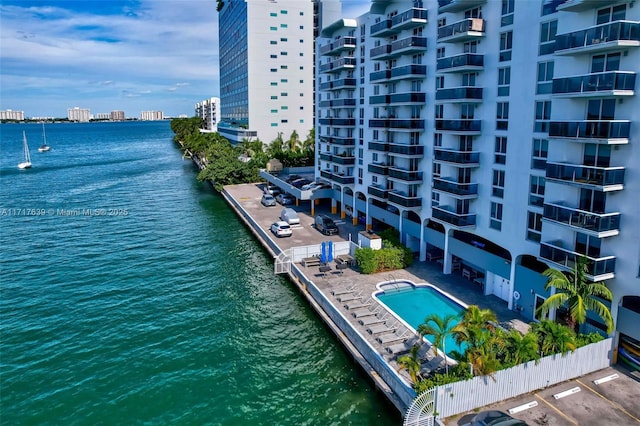 exterior space with a water view