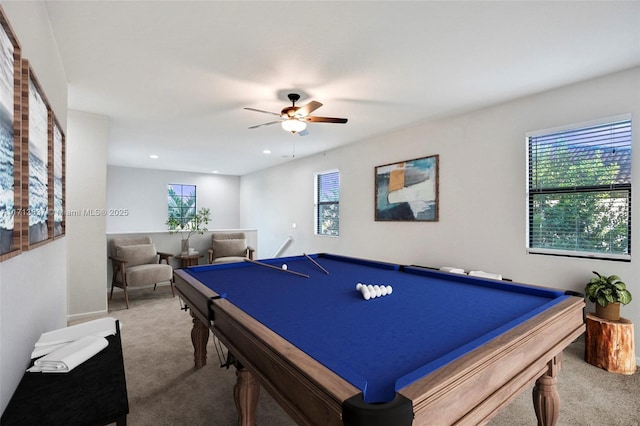 rec room featuring carpet flooring, ceiling fan, a healthy amount of sunlight, and billiards