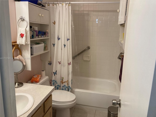 full bathroom with toilet, shower / bath combo, vanity, and tile patterned floors