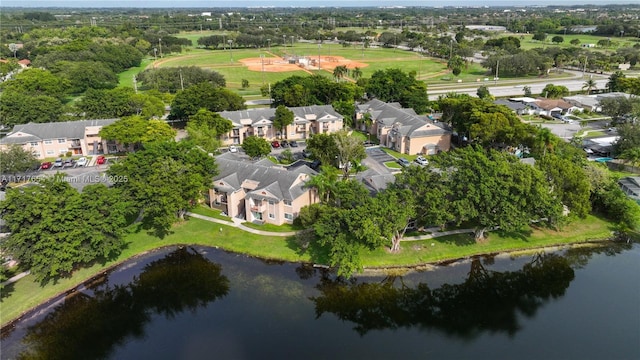 bird's eye view with a water view