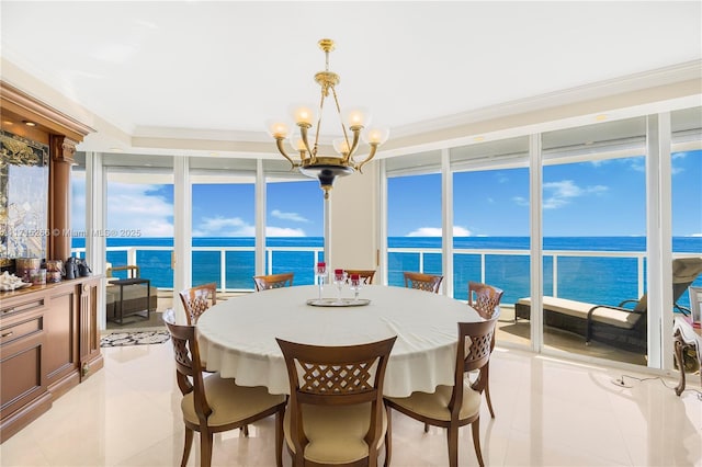 dining space with floor to ceiling windows, a water view, crown molding, light tile patterned floors, and a chandelier