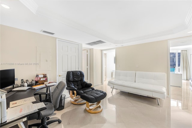 office space featuring a tray ceiling and crown molding