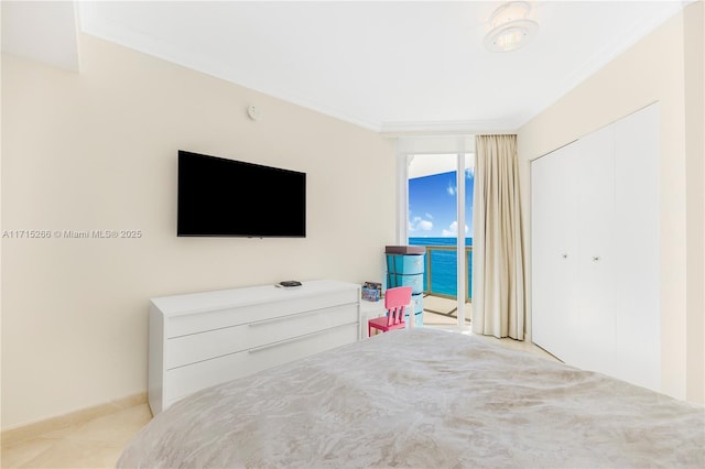 carpeted bedroom featuring crown molding and a closet