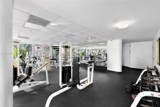 gym with a drop ceiling and floor to ceiling windows