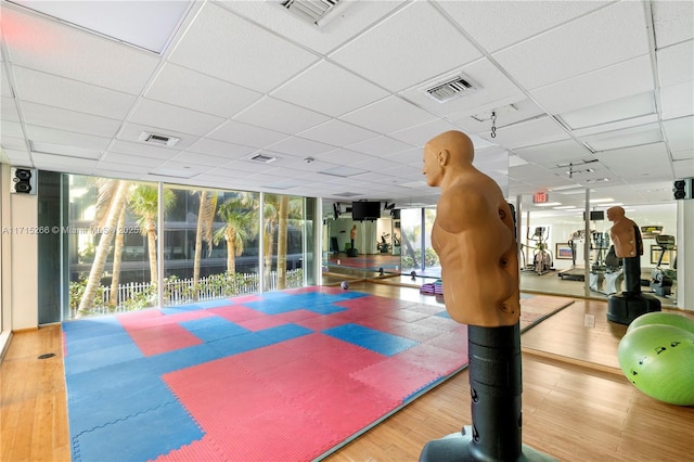 gym featuring a paneled ceiling, floor to ceiling windows, and hardwood / wood-style flooring