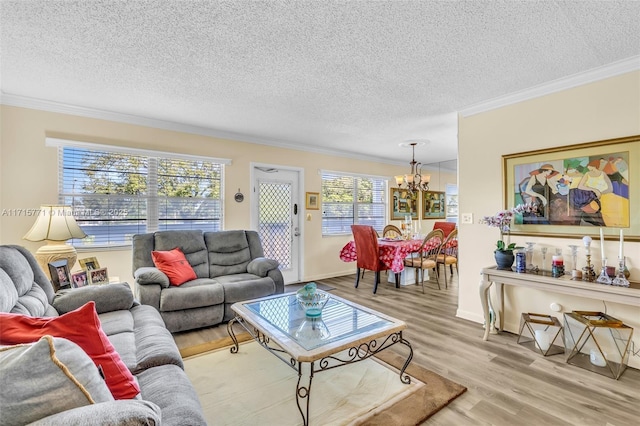 living room featuring crown molding, light wood-type flooring, a textured ceiling, and an inviting chandelier