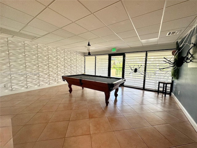 game room with billiards, tile patterned floors, and a paneled ceiling