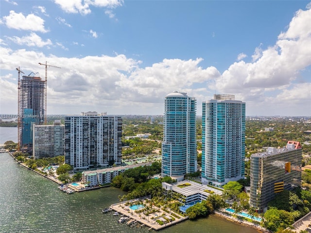 bird's eye view with a water view