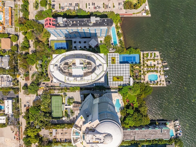 birds eye view of property featuring a water view