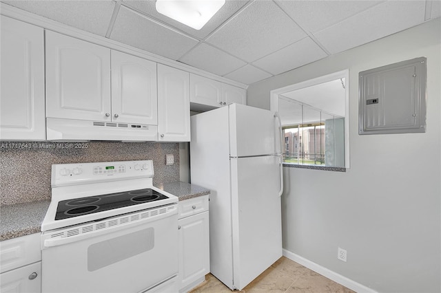 kitchen featuring a drop ceiling, white appliances, backsplash, electric panel, and white cabinetry