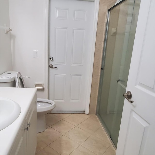 bathroom with tile patterned flooring, vanity, toilet, and an enclosed shower